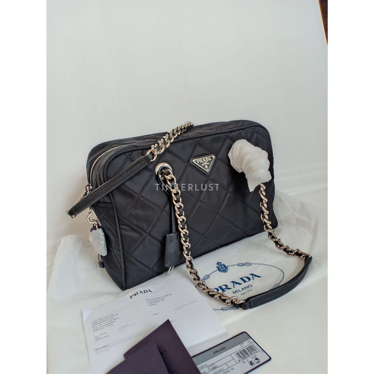 tas shoulder bag Prada Bauletto 1BB903 Nero Tessuto Impuntu SHW Shoulder Bag Tinkerlust